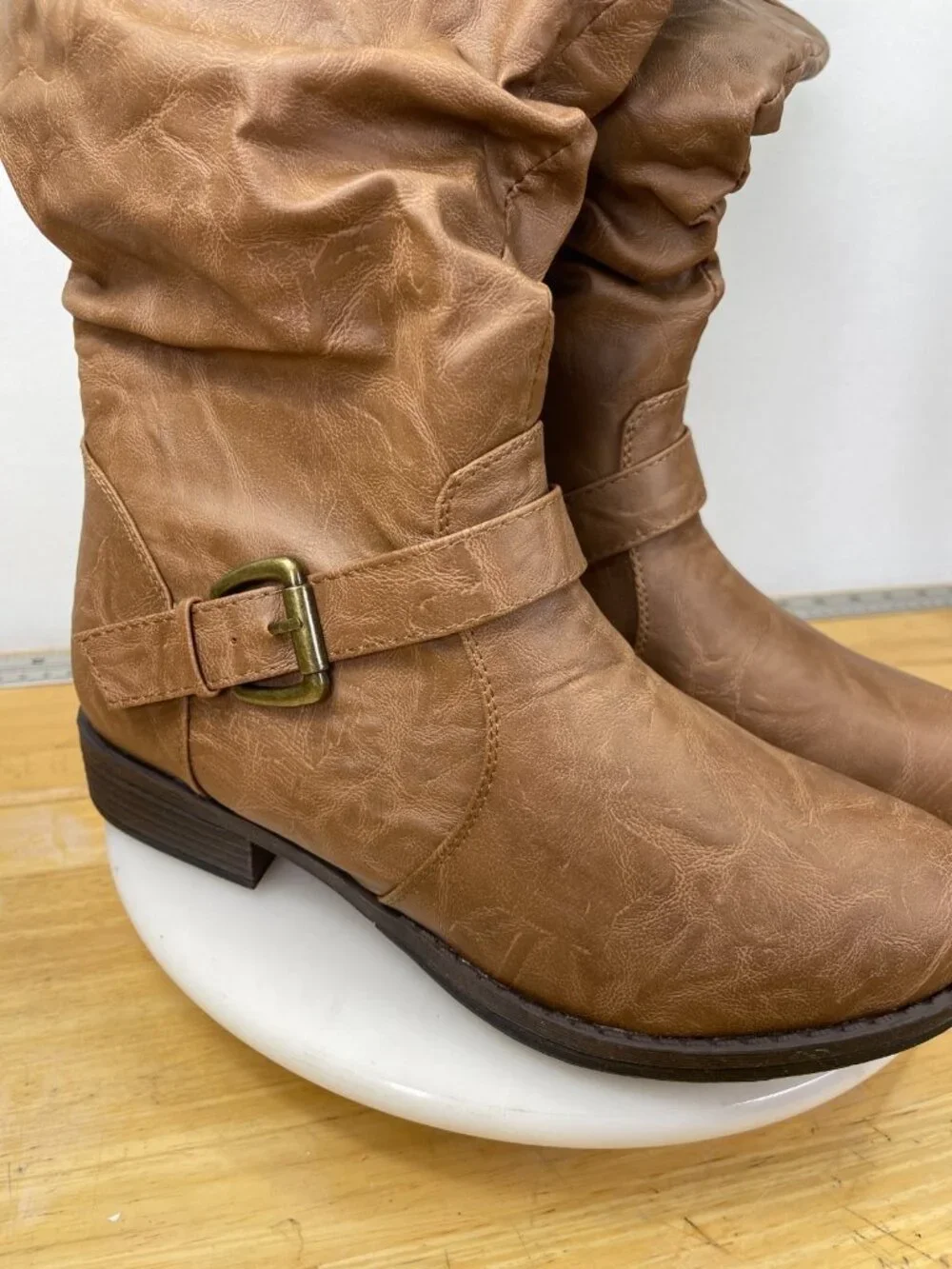 Women’s Tall Riding Boots Tan Buckle Strap Slouch Zip Size 9